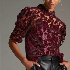 Anthropologie Burgundy Floral Lace Sequin Top